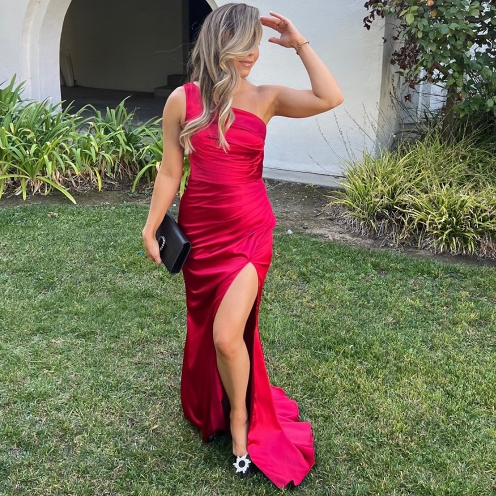 Prom red satin silk one shoulder evening gown dress, slit maxi dress, wedding